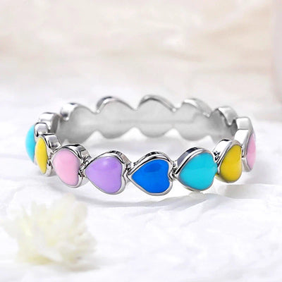 Regenboog Harten Ring in 925 Sterling Zilver en Handgeschilderd Email