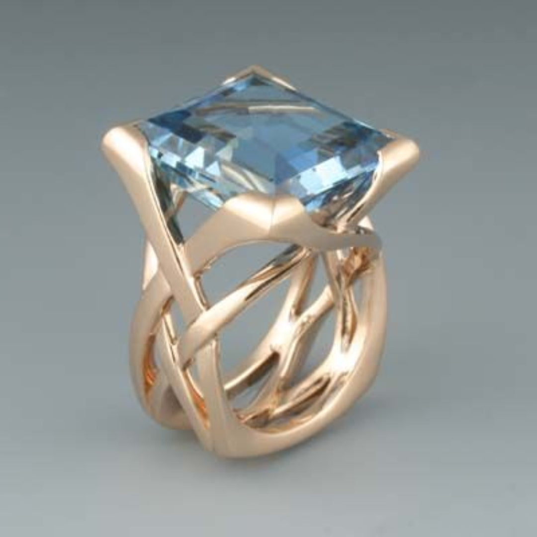 Vintage Rose Goud Blauwe Zirkonia Ring