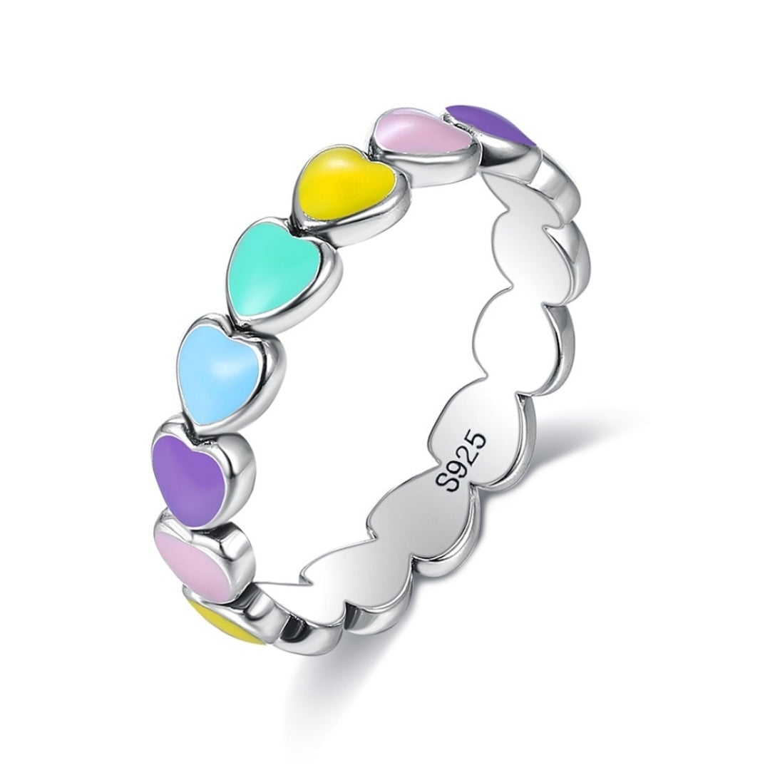 Regenboog Harten Ring in 925 Sterling Zilver en Handgeschilderd Email