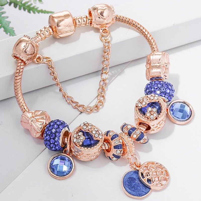 Armband in Roze Zilver en Blauw Kristal