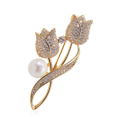 Tulp Broche met Glimmende Tulp Parel in Goud en Zilver