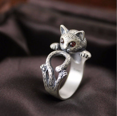 Verstelbare handgeschilderde Kat Ring in 925 Sterling Zilver