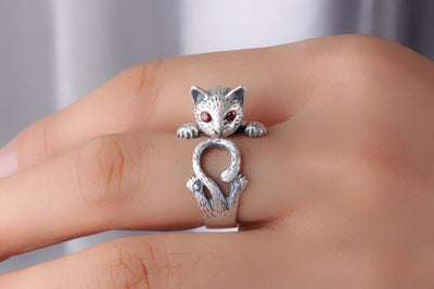 Verstelbare handgeschilderde Kat Ring in 925 Sterling Zilver