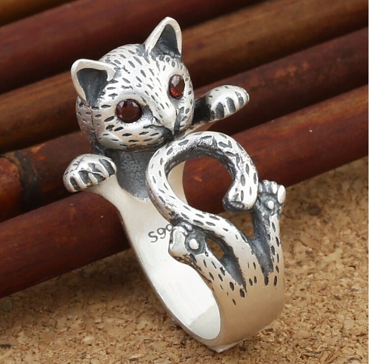 Verstelbare handgeschilderde Kat Ring in 925 Sterling Zilver