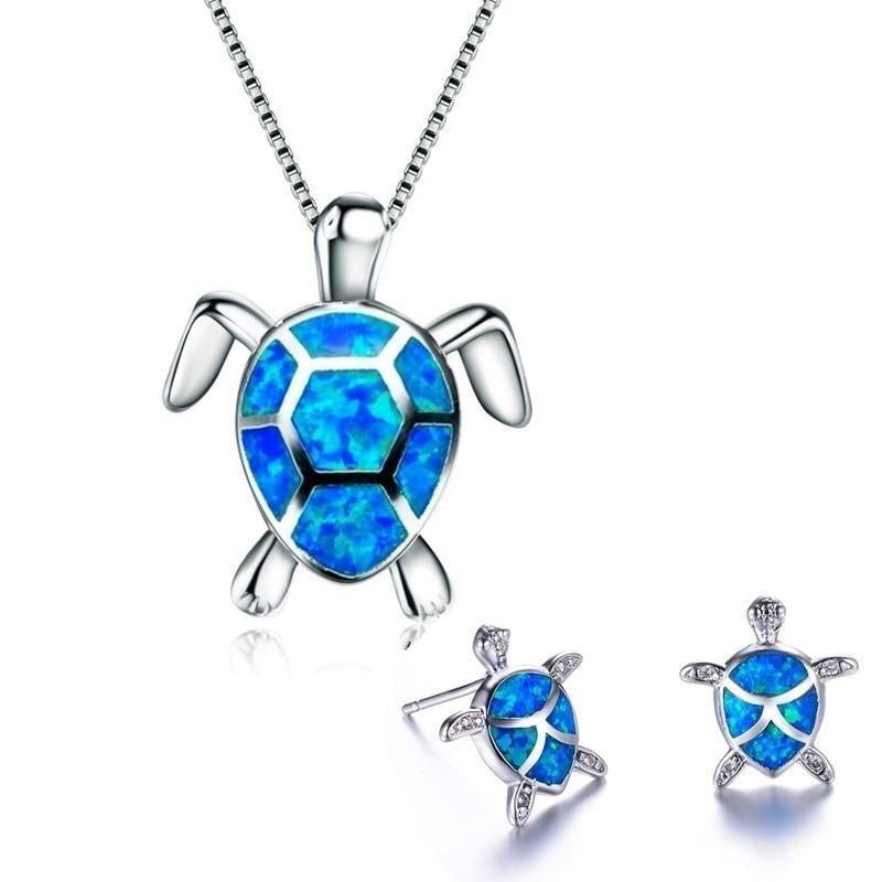 Zeeschildpad Ketting + Oorbellen Set in Opaal en Zilver