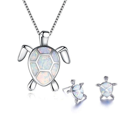 Zeeschildpad Ketting + Oorbellen Set in Opaal en Zilver