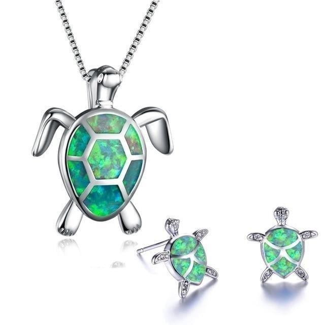 Zeeschildpad Ketting + Oorbellen Set in Opaal en Zilver