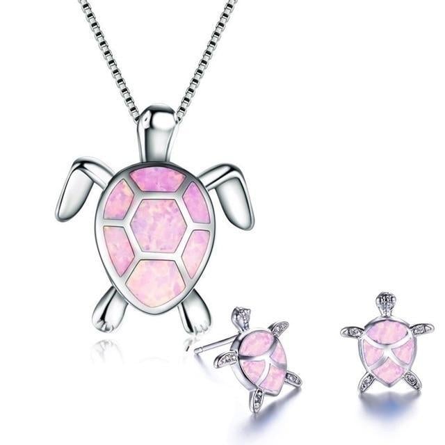 Zeeschildpad Ketting + Oorbellen Set in Opaal en Zilver